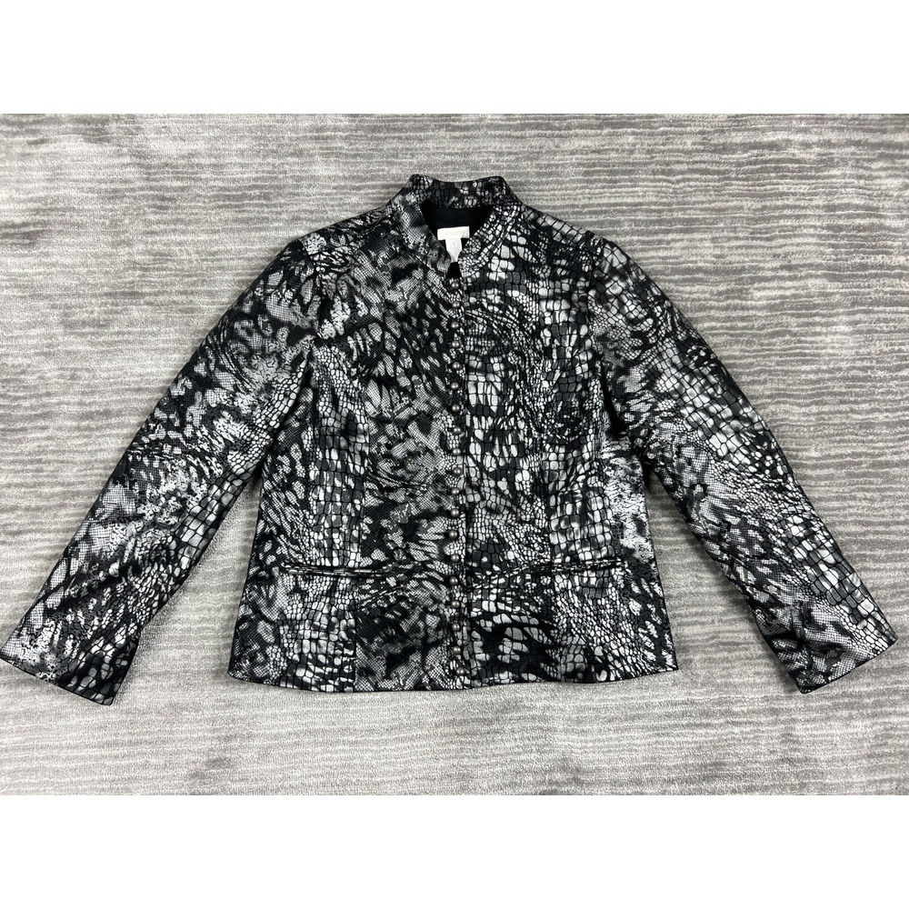 Chico's Blazer Womens 1 Silver Black Snakeskin Metallic‎ Mandarin Collar Jacket